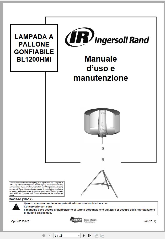 Ingersoll Rand Balloon Light BL1200 Operation and Maintenance Manual 2012 CZ IT