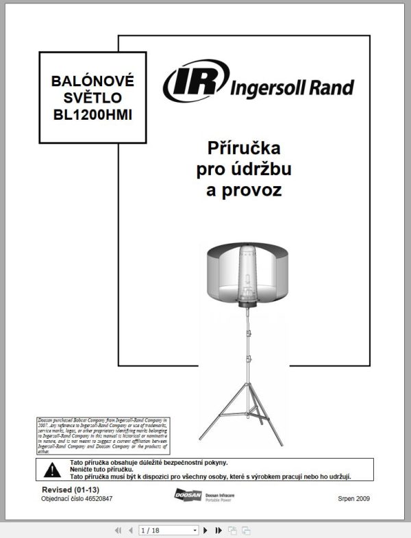 Ingersoll Rand Balloon Light BL1200HMI Operation and Maintenance Manual 2013 CZ