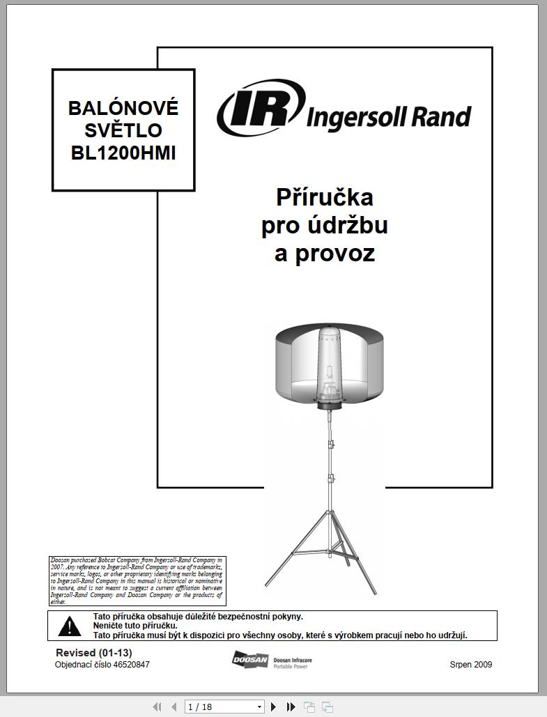 Ingersoll Rand Balloon Light BL1200HMI Operation and Maintenance Manual 2013 CZ