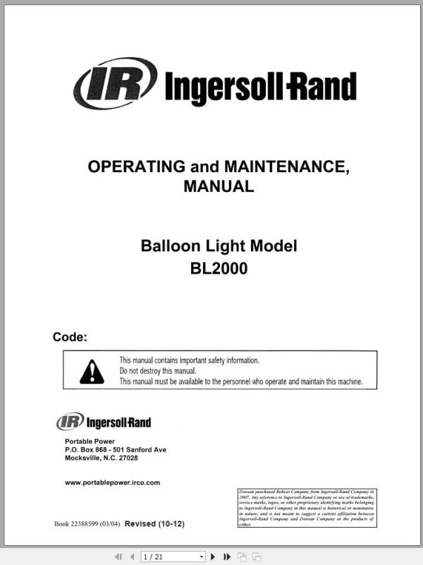 Ingersoll Rand Balloon Light BL2000A Operation and Maintenance Manual 2012