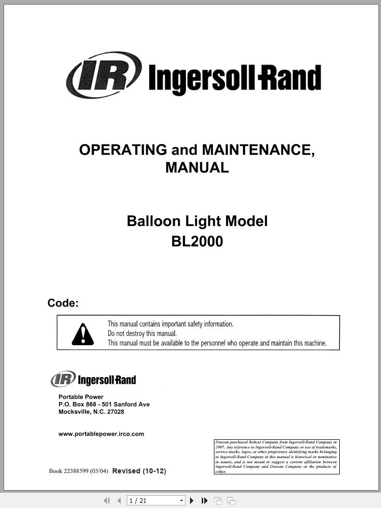Ingersoll Rand Balloon Light BL2000A Operation and Maintenance Manual 2012