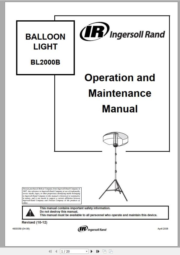 Ingersoll Rand Balloon Light BL2000B Diagrams Parts Manual Operation and Maintenance Manual 2012