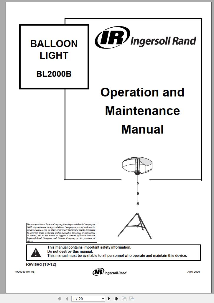 Ingersoll Rand Balloon Light BL2000B Diagrams Parts Manual Operation and Maintenance Manual 2012