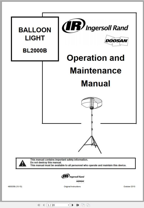 Ingersoll Rand Balloon Light BL2000B Operation and Maintenance Manual 2013