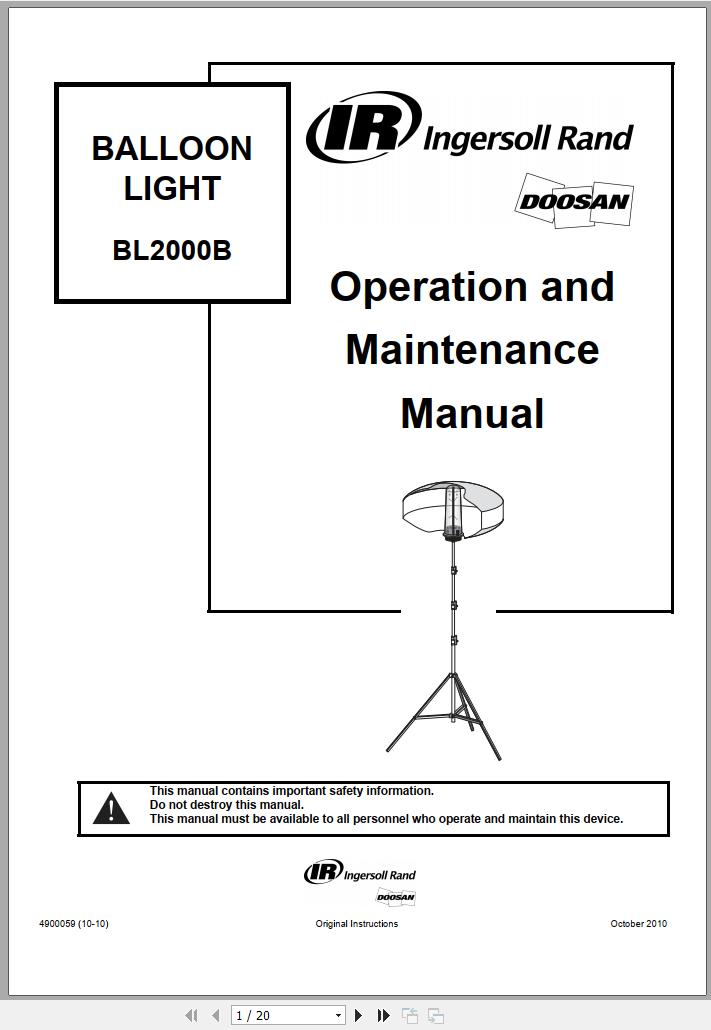 Ingersoll Rand Balloon Light BL2000B Operation and Maintenance Manual 2013