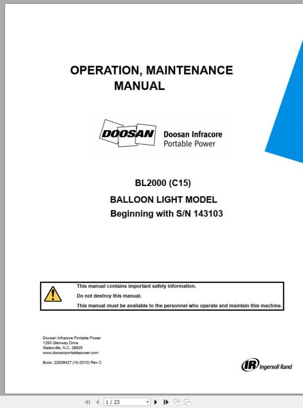 Ingersoll Rand Balloon Light BL2000C Parts Manual Operation and Maintenance Manual 2012