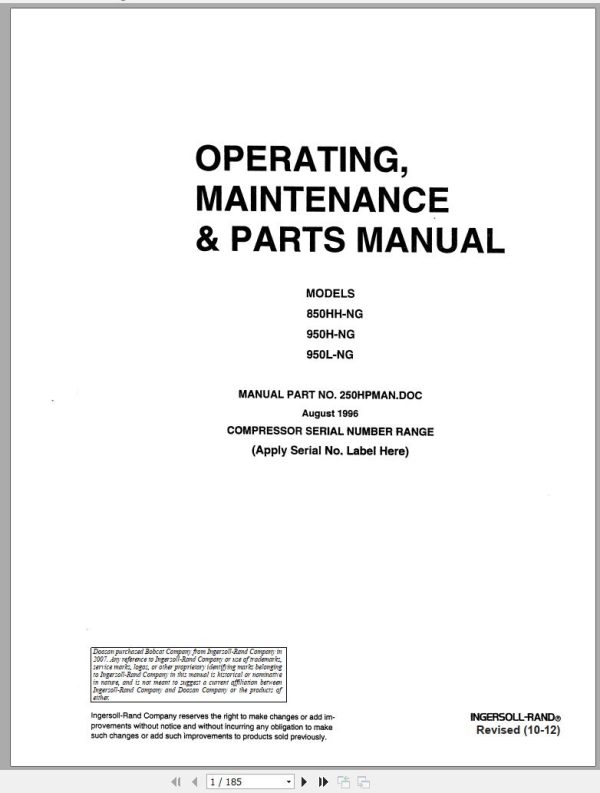 Ingersoll Rand Compressor Module 850HH Parts Manual Operating and Maintenance Manual 2012