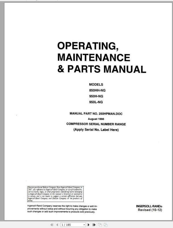Ingersoll Rand Compressor Module 950H Parts Manual Operating and Maintenance Manual 2012