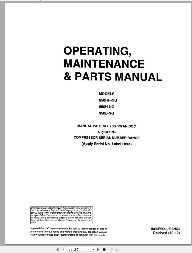 Ingersoll Rand Compressor Module 950H Parts Manual Operating and Maintenance Manual 2012