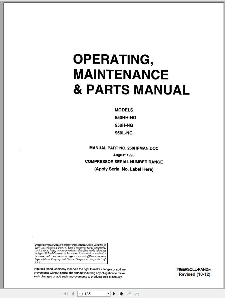 Ingersoll Rand Compressor Module 950L Parts Manual Operating and Maintenance Manual 2012