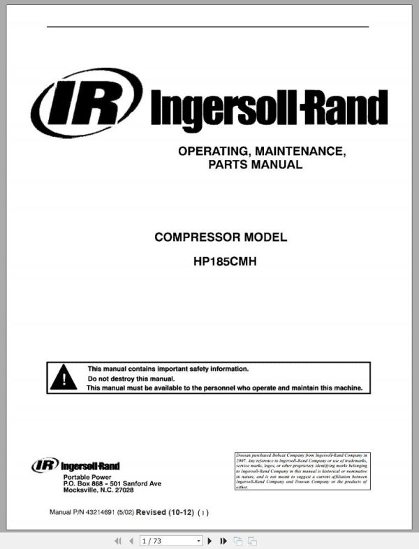 Ingersoll Rand Compressor Module HP185CMH Parts Manual Operating and Maintenance Manual 2012