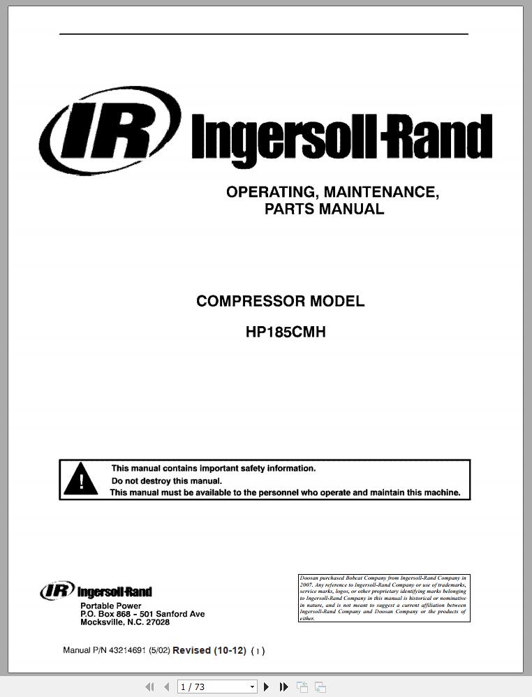 Ingersoll Rand Compressor Module HP185CMH Parts Manual Operating and Maintenance Manual 2012
