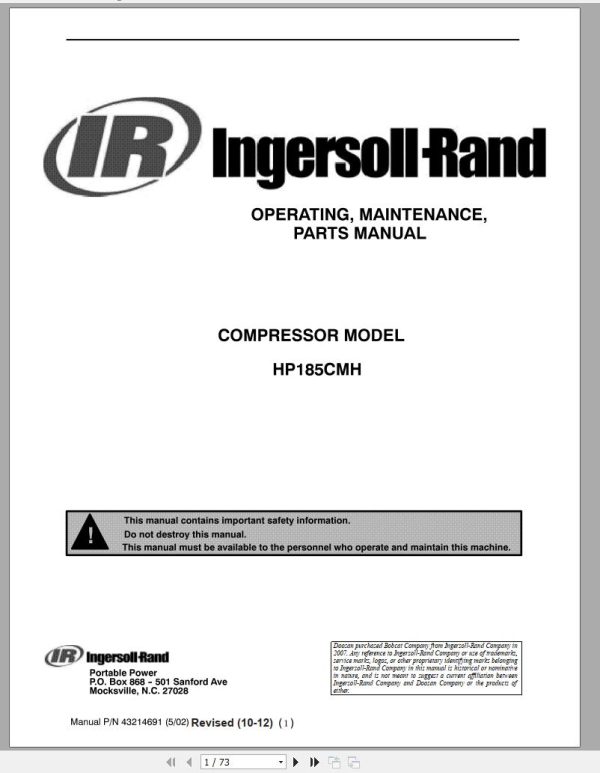 Ingersoll Rand Compressor Module HP185CMH Parts Manual Operating and Maintenance Manual 2012 1