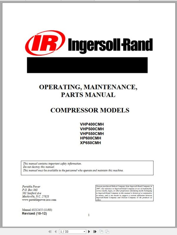 Ingersoll Rand Compressor Module HP600CMH Parts Manual Operating and Maintenance Manual 2012