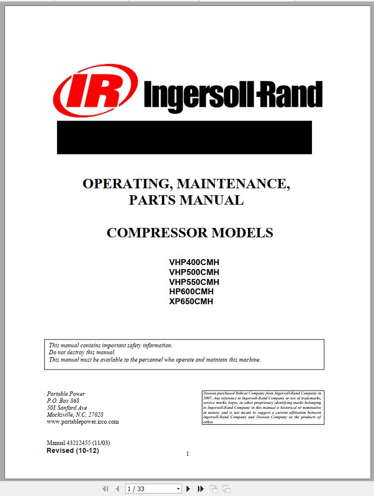 Ingersoll Rand Compressor Module HP600CMH Parts Manual Operating and Maintenance Manual 2012