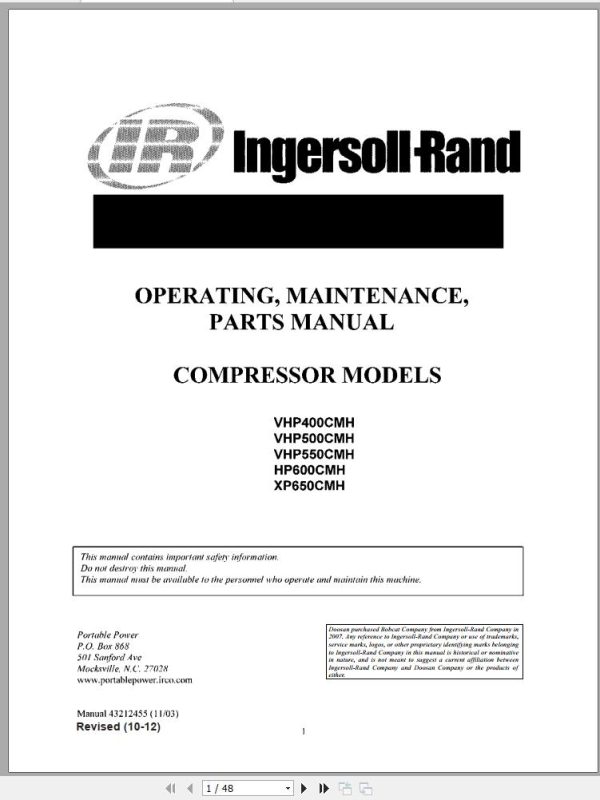 Ingersoll Rand Compressor Module HP600CMH Parts Manual Operating and Maintenance Manual 2012 1