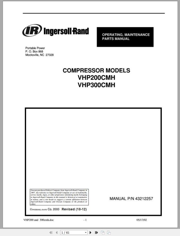 Ingersoll Rand Compressor Module VHP200CMH Parts Manual Operating and Maintenance Manual 2012