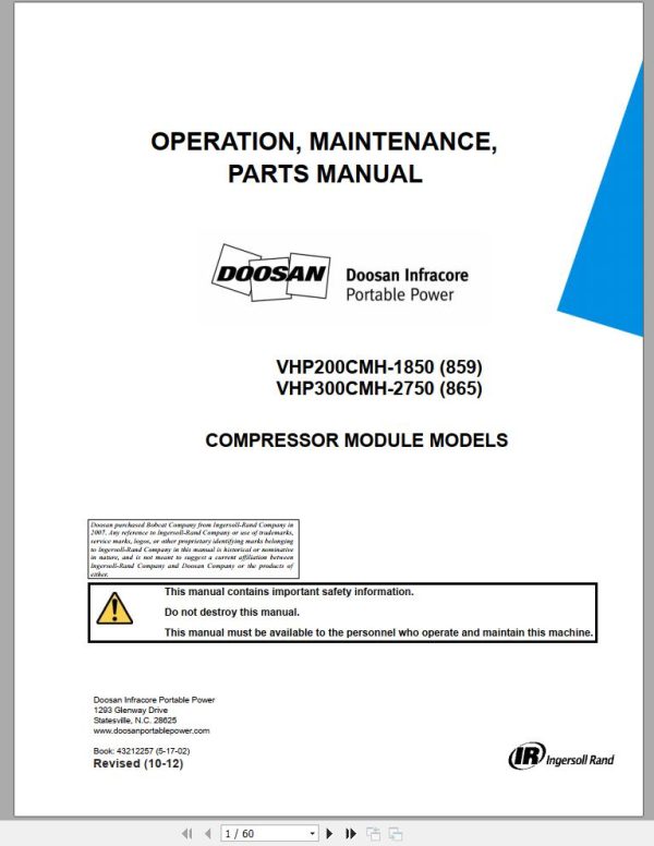Ingersoll Rand Compressor Module VHP200CMH Parts Manual Operating and Maintenance Manual 2012 1