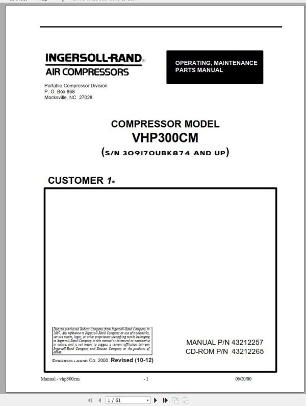 Ingersoll Rand Compressor Module VHP300CM Parts Manual Operating and Maintenance Manual 2012