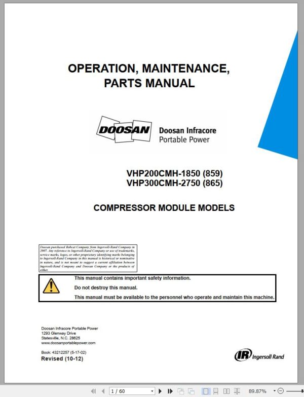 Ingersoll Rand Compressor Module VHP300CMH Parts Manual Operating and Maintenance Manual 2012