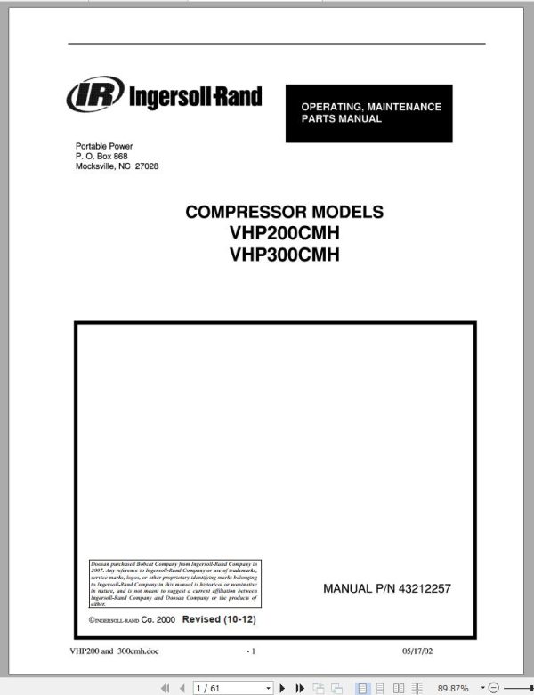Ingersoll Rand Compressor Module VHP300CMH Parts Manual Operating and Maintenance Manual 2012 1