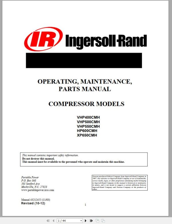 Ingersoll Rand Compressor Module VHP400CMH Parts Manual Operating and Maintenance Manual 2012 1