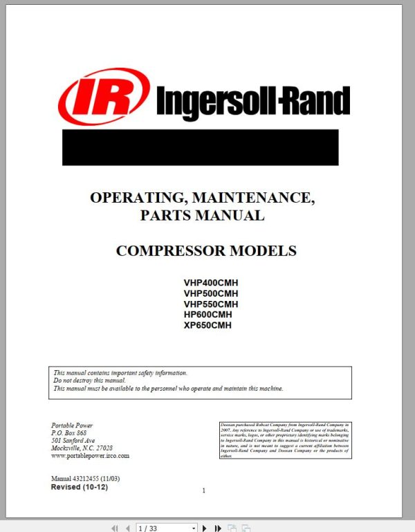 Ingersoll Rand Compressor Module VHP500CMH Parts Manual Operating and Maintenance Manual 2012