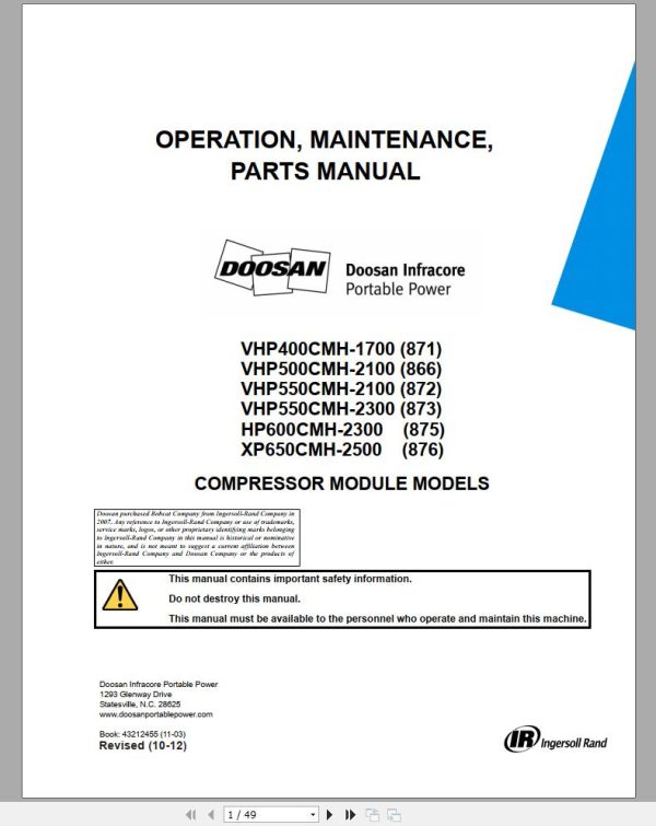 Ingersoll Rand Compressor Module VHP500CMH Parts Manual Operating and Maintenance Manual 2012 1