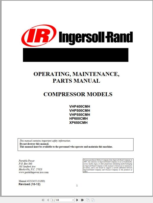 Ingersoll Rand Compressor Module VHP550CMH Parts Manual Operating and Maintenance Manual 2012