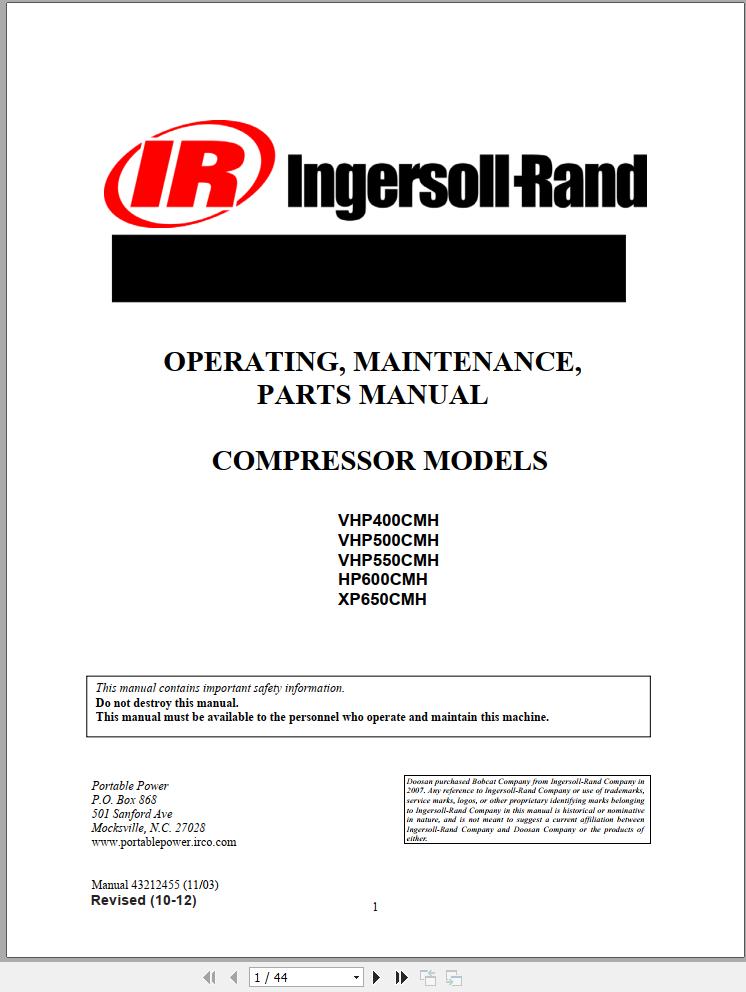 Ingersoll Rand Compressor Module VHP550CMH Parts Manual Operating and Maintenance Manual 2012