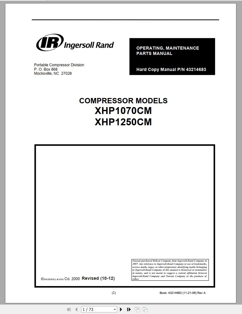 Ingersoll Rand Compressor Module XHP1070CM Parts Manual Operating and Maintenance Manual 2012