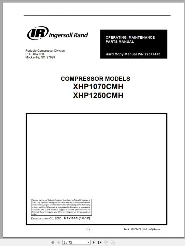 Ingersoll Rand Compressor Module XHP1070CMH Parts Manual Operating and Maintenance Manual 2012