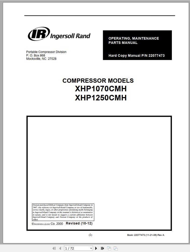 Ingersoll Rand Compressor Module XHP1070CMH Parts Manual Operating and Maintenance Manual 2012