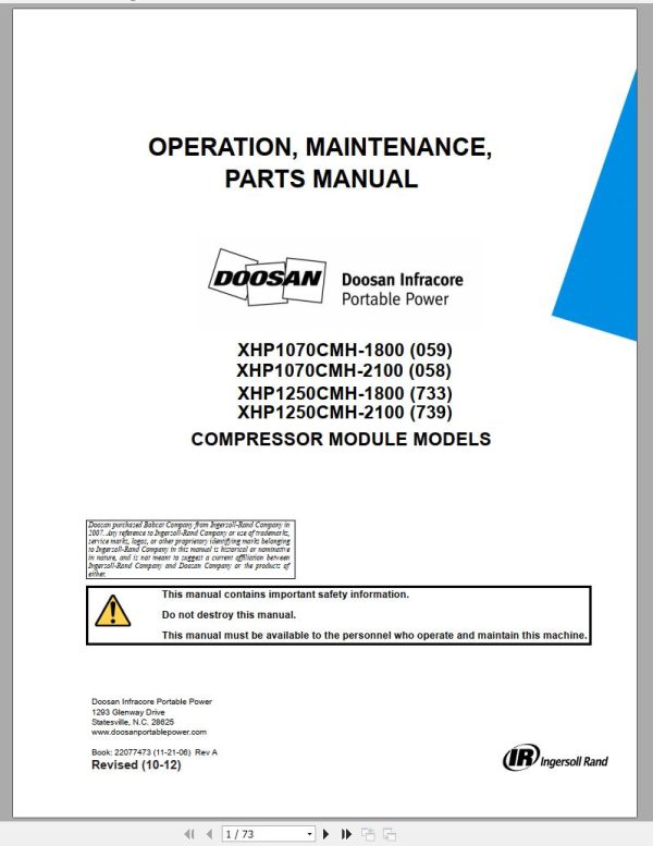 Ingersoll Rand Compressor Module XHP1070CMH Parts Manual Operating and Maintenance Manual 2012 1