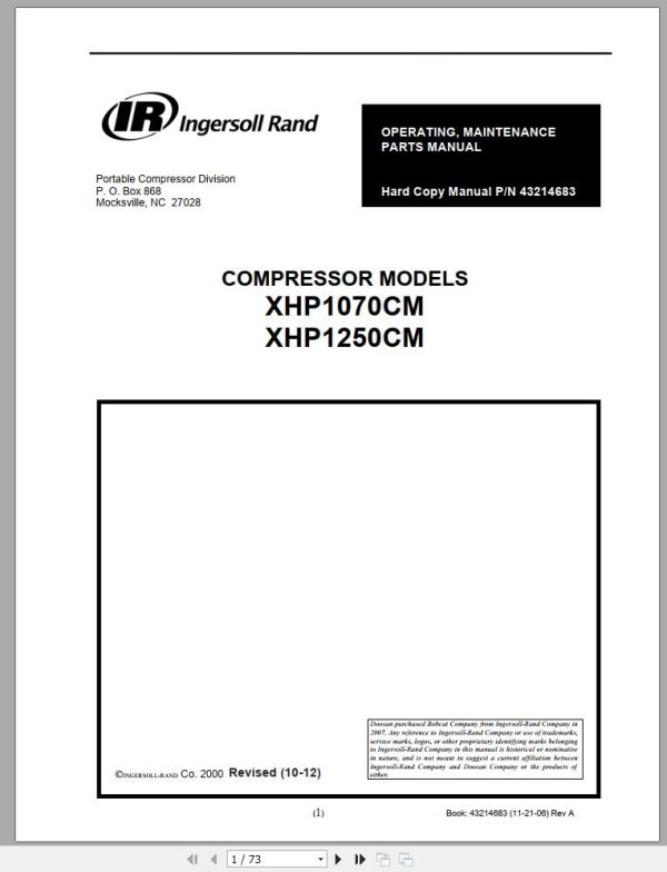 Ingersoll Rand Compressor Module XHP1250CM Parts Manual Operating and Maintenance Manual 2012