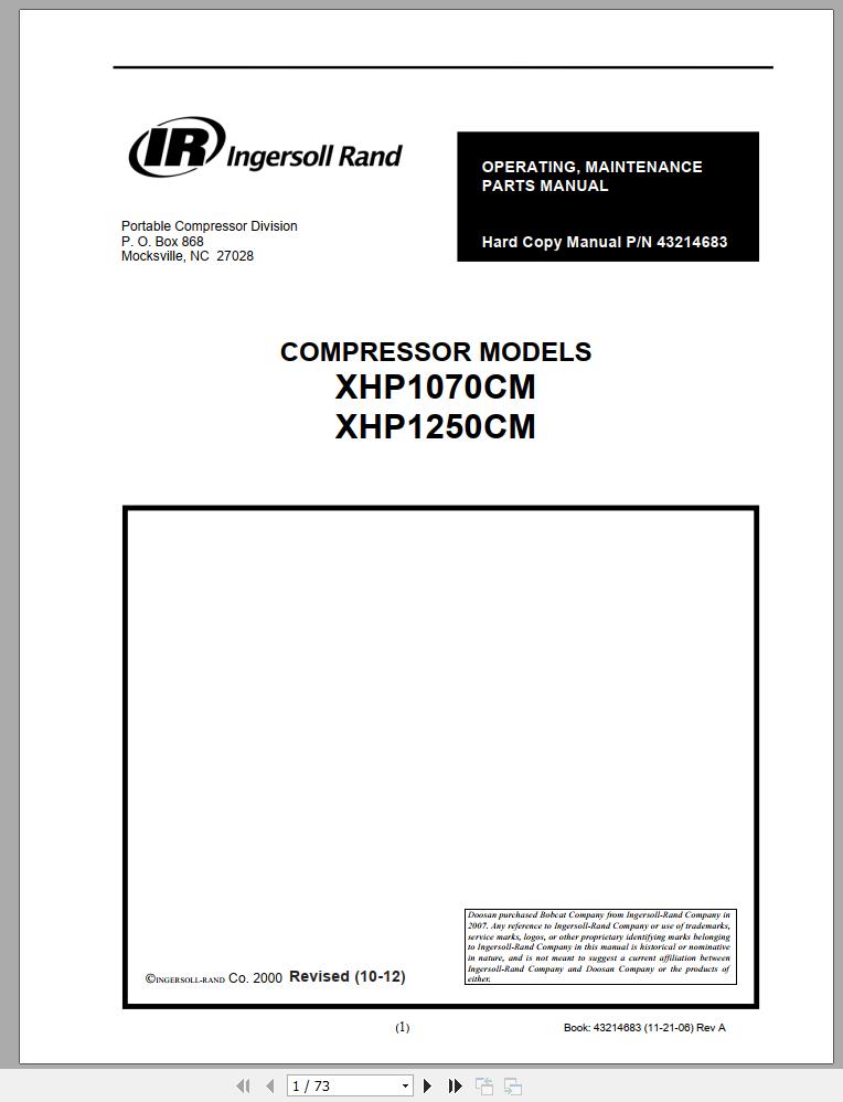 Ingersoll Rand Compressor Module XHP1250CM Parts Manual Operating and Maintenance Manual 2012