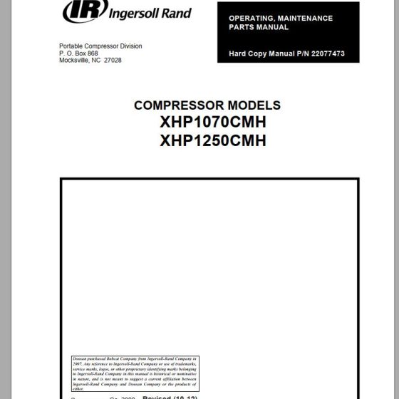 Ingersoll Rand Compressor Module XHP1250CM Parts Manual, Operating and
