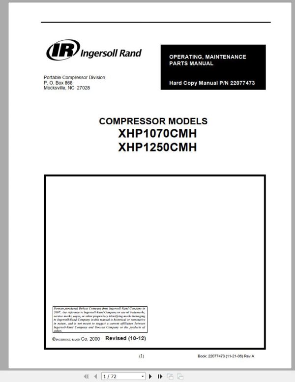 Ingersoll Rand Compressor Module XHP1250CMH Parts Manual Operating and Maintenance Manual 2012