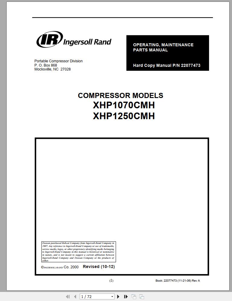 Ingersoll Rand Compressor Module XHP1250CMH Parts Manual Operating and Maintenance Manual 2012
