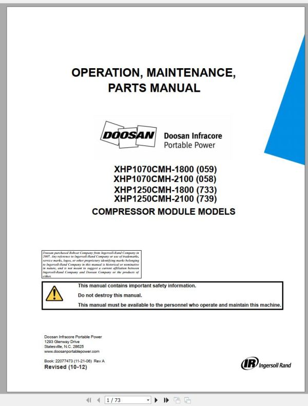 Ingersoll Rand Compressor Module XHP1250CMH Parts Manual Operating and Maintenance Manual 2012 1