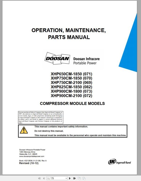 Ingersoll Rand Compressor Module XHP650CM Parts Manual Operating and Maintenance Manual 2012