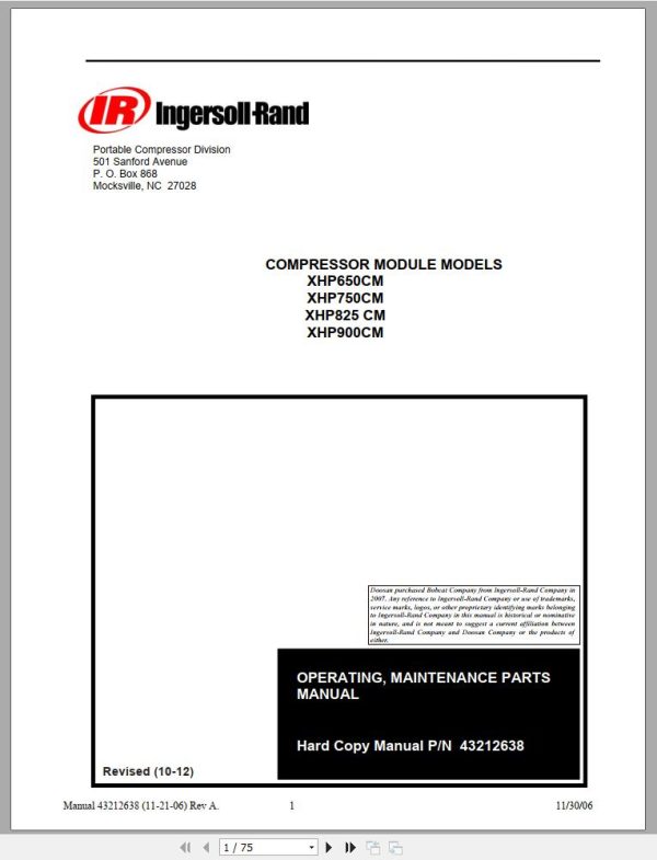 Ingersoll Rand Compressor Module XHP650CM Parts Manual Operating and Maintenance Manual 2012 1