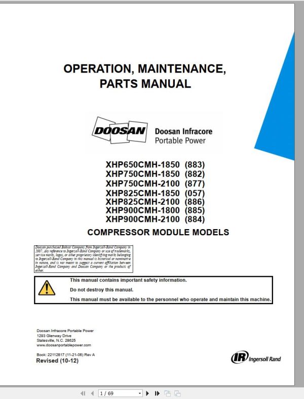 Ingersoll Rand Compressor Module XHP650CMH Parts Manual Operating and Maintenance Manual 2012 1