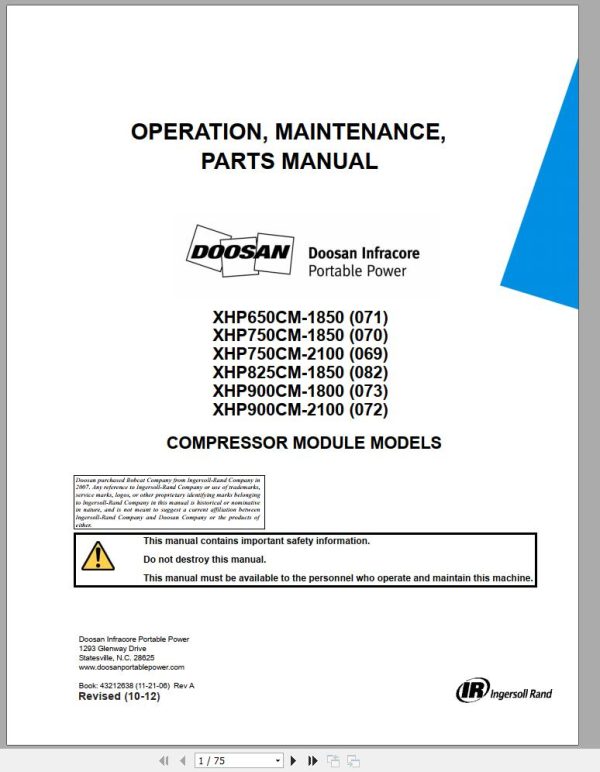 Ingersoll Rand Compressor Module XHP750CM Parts Manual Operating and Maintenance Manual 2012