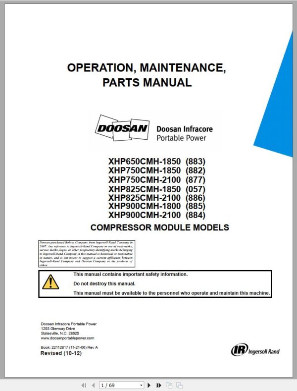 Ingersoll Rand Compressor Module XHP750CMH Parts Manual Operating and Maintenance Manual 2012 1