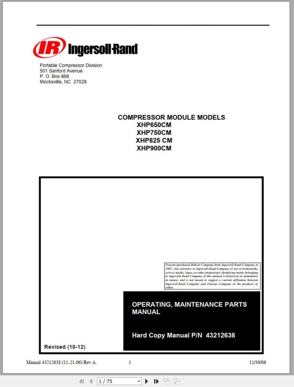Ingersoll Rand Compressor Module XHP825CM Parts Manual Operating and Maintenance Manual 2012