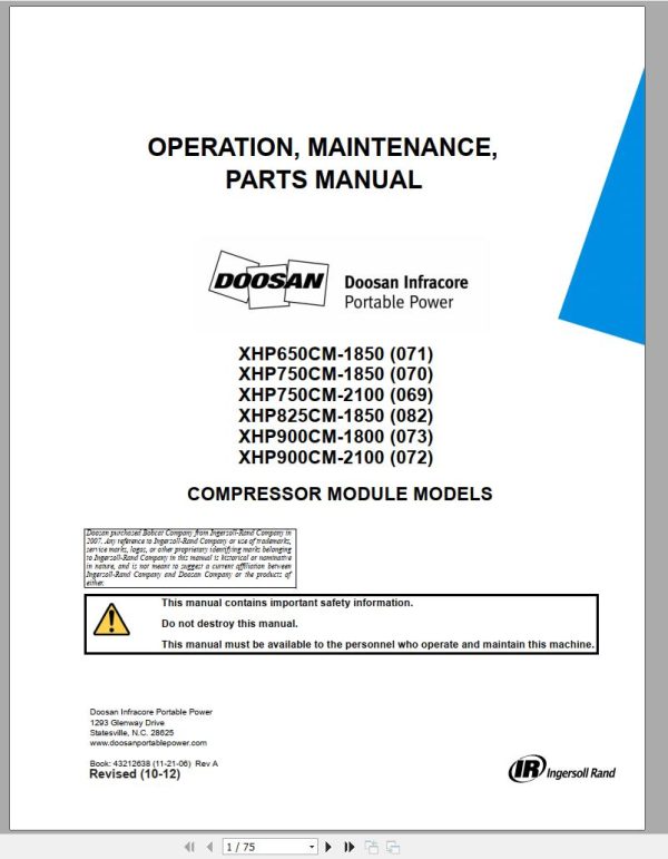 Ingersoll Rand Compressor Module XHP825CM Parts Manual Operating and Maintenance Manual 2012 1