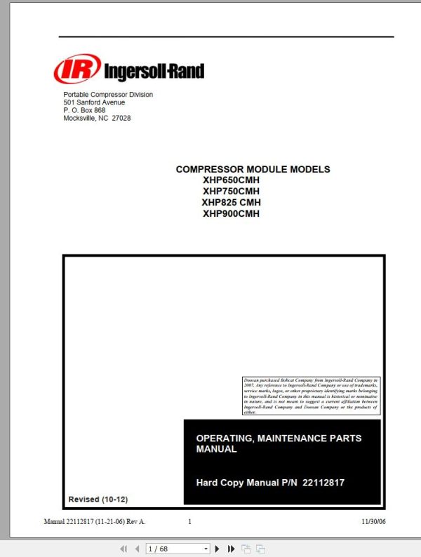 Ingersoll Rand Compressor Module XHP825CMH Parts Manual Operating and Maintenance Manual 2012