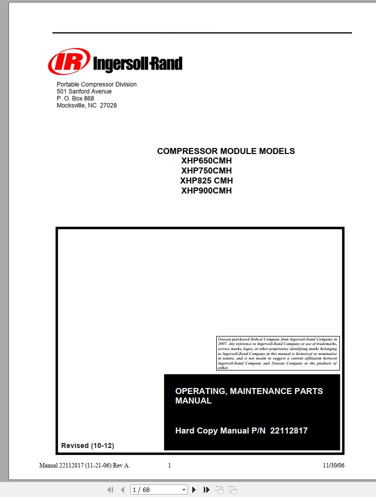 Ingersoll Rand Compressor Module XHP825CMH Parts Manual Operating and Maintenance Manual 2012
