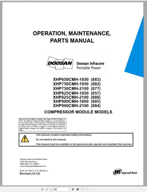 Ingersoll Rand Compressor Module XHP825CMH Parts Manual Operating and Maintenance Manual 2012 1